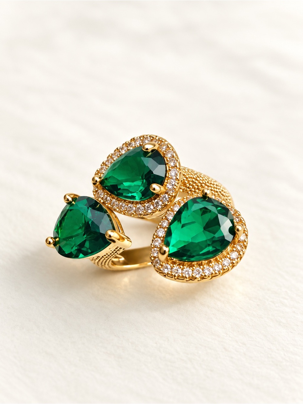 Gold Plated Ring with Emerald Green Pear Cut Stones size 6